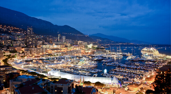 Dusk at the Monaco Yacht Show in Port Hercule, Monaco