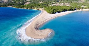 Sand spit, Zlatni Rat beach Bol Island, Brac Croatia