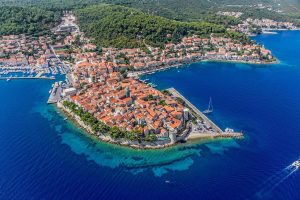 Aerial view of Korcula town on the Croatian island of Korcula
