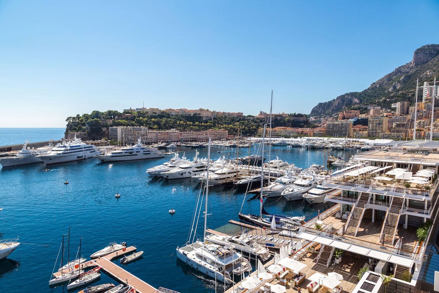 Panoramic view of charter yachts in Monaco port
