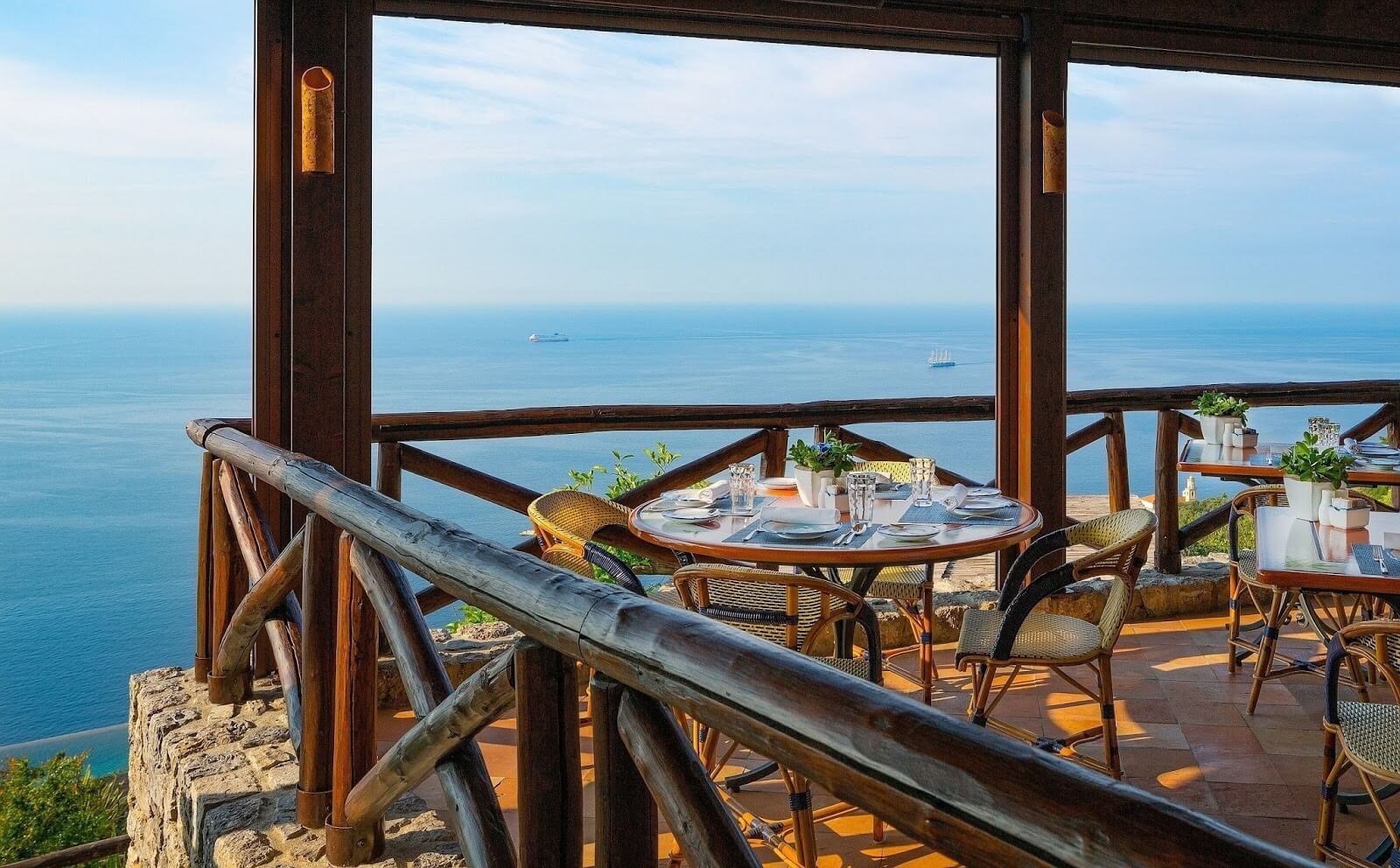 Outdoor dining terrace at Refettorio restuarant, Amalfi coast