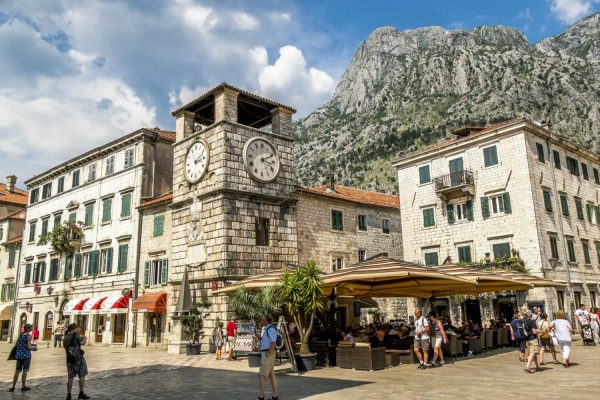 The main square and clock tower in Kotor, Montenegro