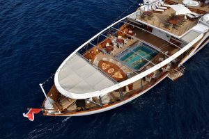 Christina O yacht aerial view with pool