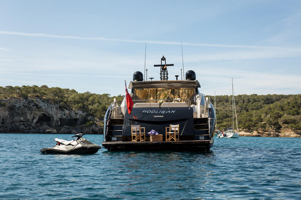 Sunseeker Predator 82 yacht stern view at anchor Mallorca