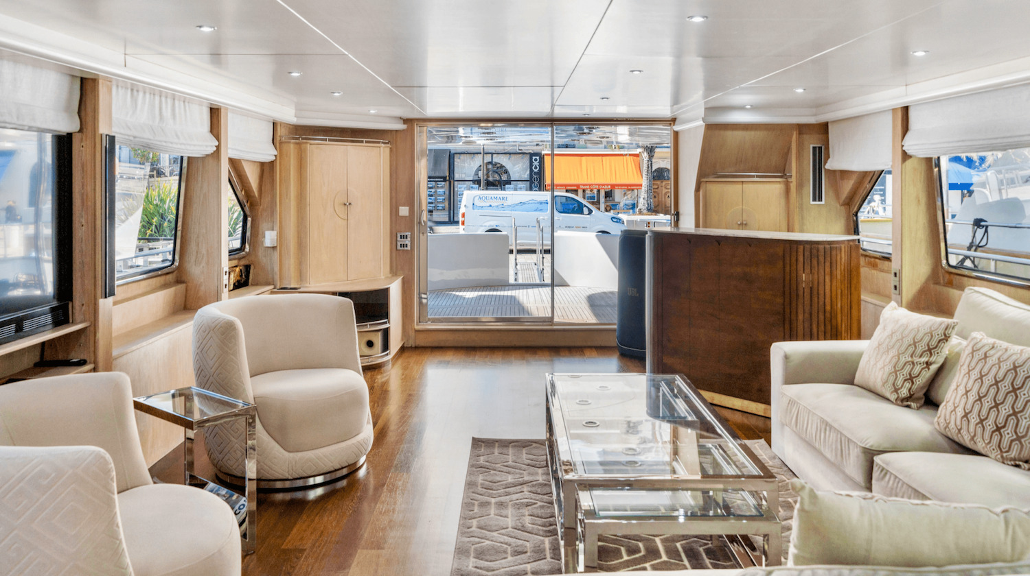 Saloon of the yacht berthed in the old port of Cannes