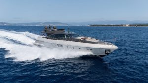 Mangusta 110 at speed near Cannes islands