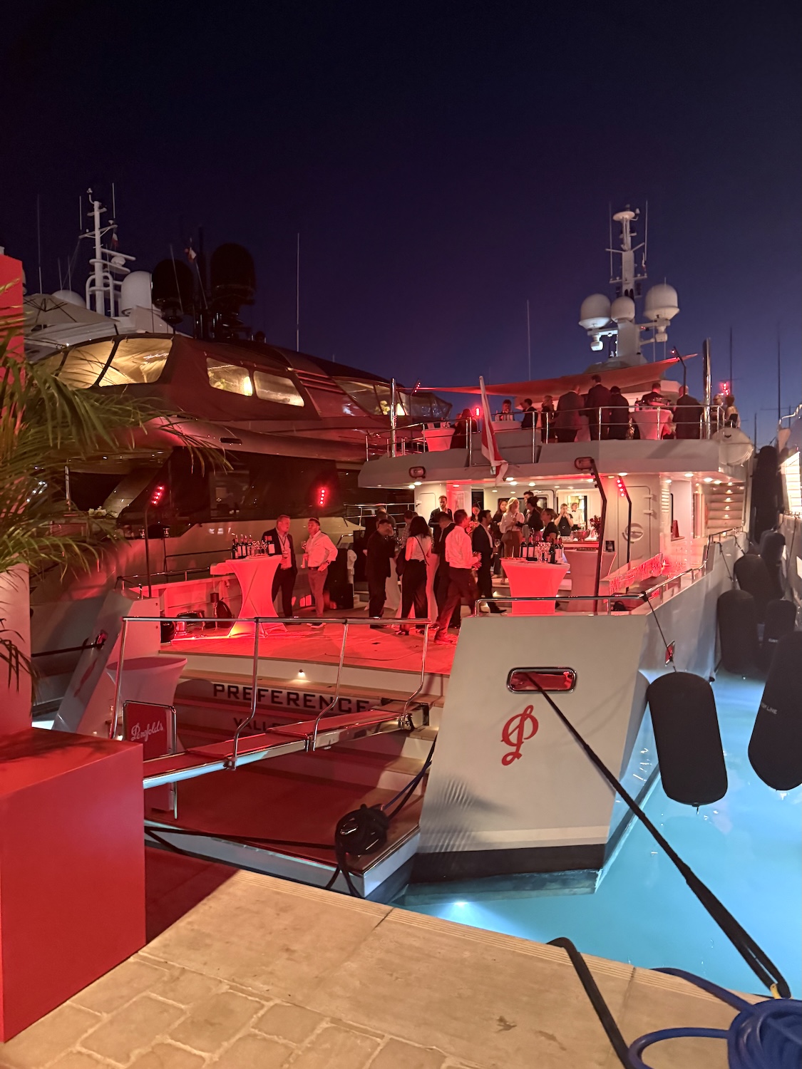 Penfold's yacht at night at the TFWA event in Cannes, France