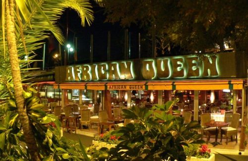 African Queen restaurant lights at night, Beaulieu Su Mer