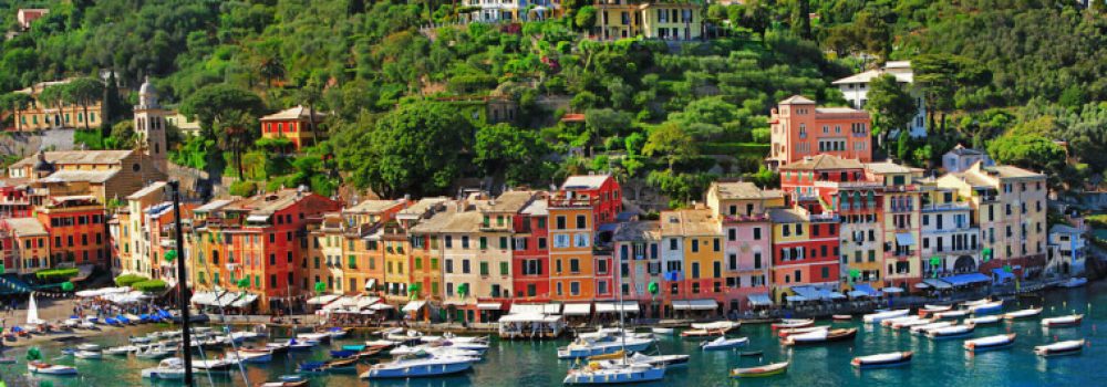 Row of colourful buildings and store fronts Portofino