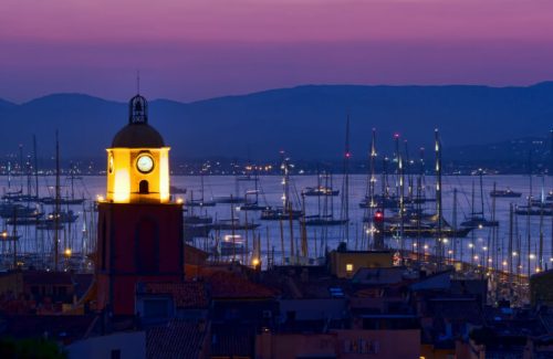 St Tropez citadel and bay at night