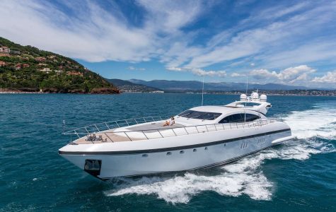 Mangusta 108 yacht near the red rocks of the Esterel between Cannes and St Raphael