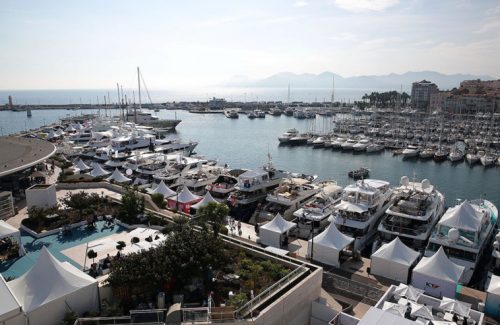 Birds eye view of yachts in Cannes Marina